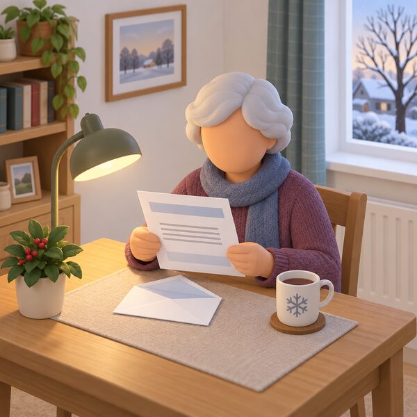 An older person at a table at home holding an opened envelope and a letter shown as a physical object with blank lines and plain colour bands, a reading lamp and a cup nearby suggesting an autumn or winter day.