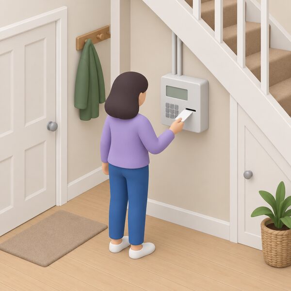A domestic prepayment meter mounted on the wall of a home's hallway or under-stairs cupboard, shown as a plain meter box with a slot and display, with a simplified figure standing beside it about to top it up.