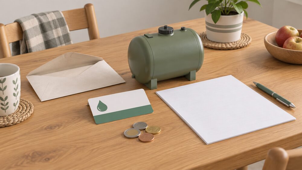 A kitchen table with a blank pre-paid voucher card lying beside a small model of a domestic heating oil tank, an unsealed envelope, a few coins and a blank sheet of paperwork, suggesting a household sorting out help with heating oil costs.