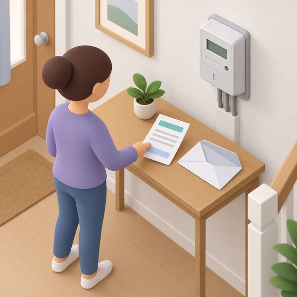 A paper payment voucher lying on a hallway table beside an opened supplier envelope and a domestic electricity meter, its content shown only as blank lines and plain colour bands, with a simplified figure reaching to pick it up.