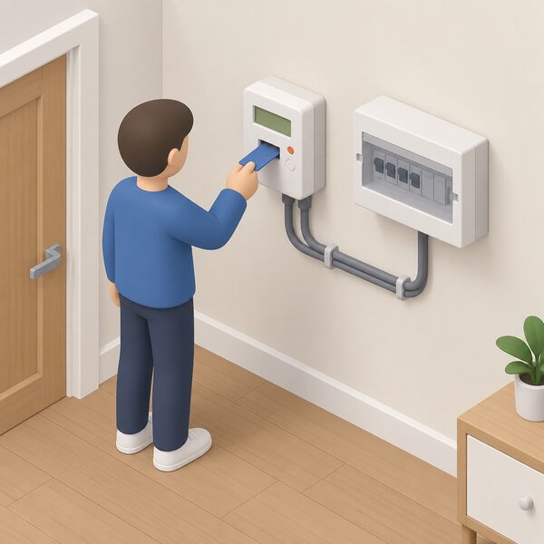 A small prepayment electricity meter mounted on an interior wall of a plain home, with a simplified isometric figure standing before it topping up using a key or card, the meter connected by visible cable to the household consumer unit beside it.