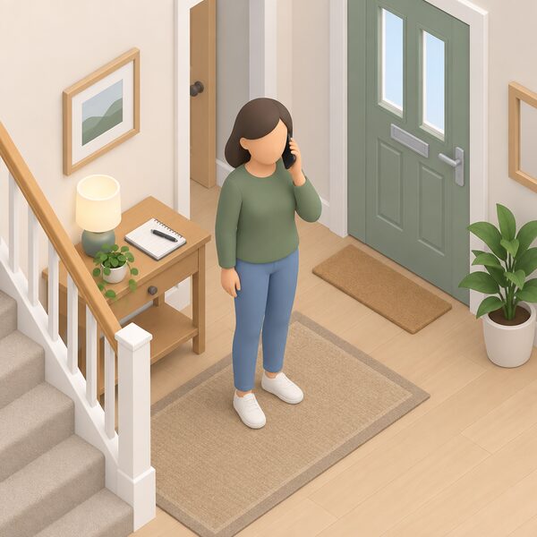 A householder standing in a home hallway holding a mobile phone to their ear, mid-call to the free energy advice line, with a notepad and pen on a nearby table ready to note down grant and support information.