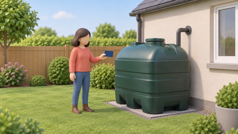 A simplified householder stands in a garden beside a domestic home heating oil tank, holding out a prepaid voucher card, with the house wall and a fill pipe visible nearby.