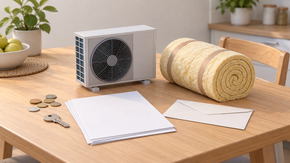 A small model of an air source heat pump fan unit and a rolled bundle of loft insulation stand on a kitchen table beside blank application paperwork, a plain envelope, a house key and a few loose coins.