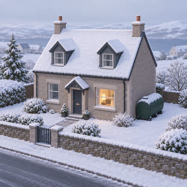 A modest Scottish house on a cold winter day, with snow on the roof and garden, an oil heating tank beside the house and warm light glowing in one downstairs window, seen from the street.
