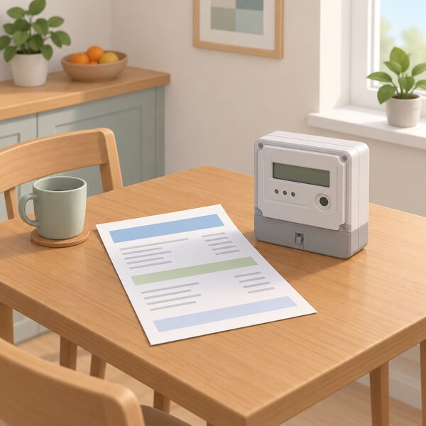 A paper household energy bill lying on a kitchen table beside an electricity meter, drawn as a physical document with its content shown only as blank lines and plain colour bands so nothing is readable.