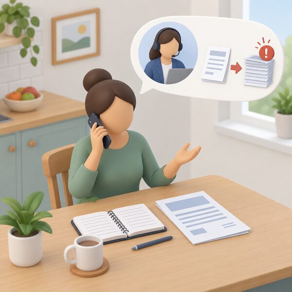 A householder at a kitchen table telephoning an energy advice service, with an open notebook of handwritten-style blank lines and an energy bill beside the phone, showing the escalation of an unresolved complaint.