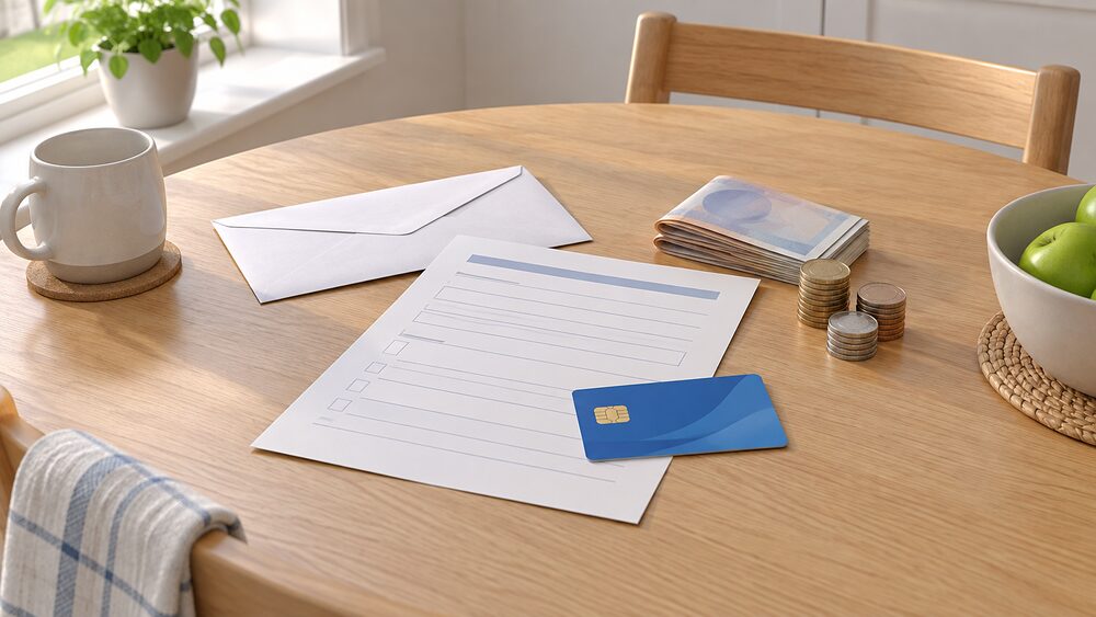 A small kitchen table with a blank application form and a plain envelope beside a neat stack of coins and folded banknotes, with a fuel prepayment top-up card resting on the paperwork, all lit by soft daylight from a nearby window.