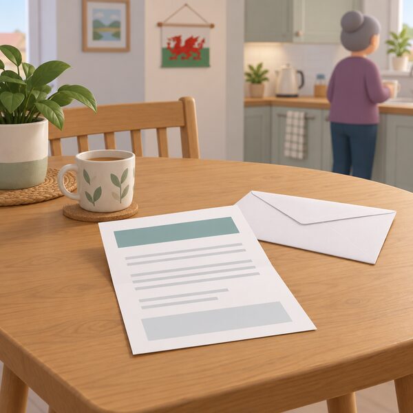 A closed council letter lying on a kitchen table in a Welsh home, its content shown only as blank lines and a plain colour band, beside an unopened envelope, with no readable words or figures anywhere on the papers.