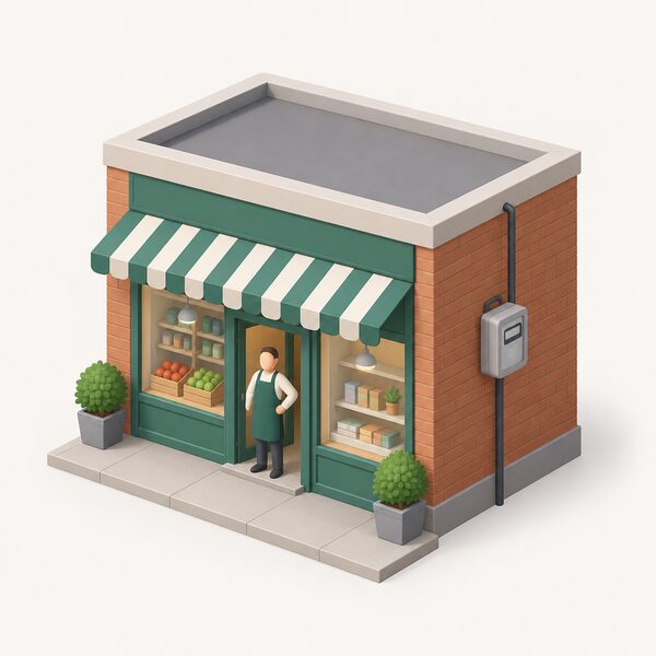 A small shop premises with its own electricity meter mounted on an outside wall, shown as a business building rather than a home, with a simplified figure of the shopkeeper at the door.