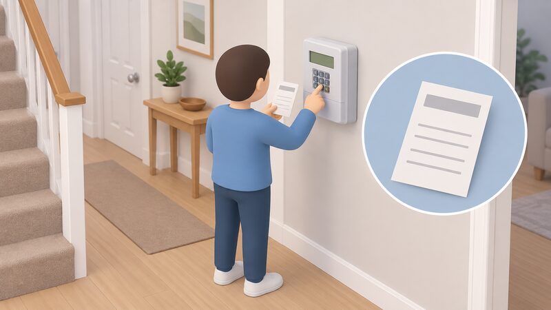 A simplified figure stands at a wall-mounted prepayment electricity meter in a home hallway, holding a paper voucher while pressing keys on the meter, with a plain voucher document shown as a physical object with blank lines only.