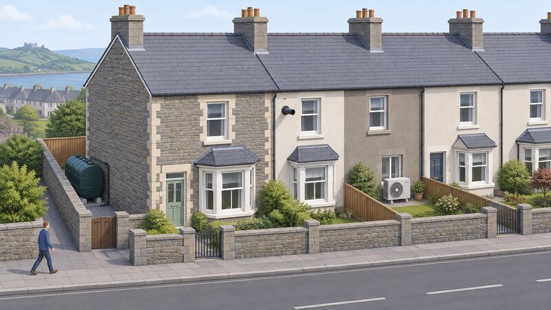 A Welsh terraced street seen in elevation, with one end terrace showing an oil tank in its side passage, the next house a wall-mounted gas boiler flue, and a mid-terrace with an air source heat pump on its rear wall, showing the mix of heating systems across neighbouring homes.