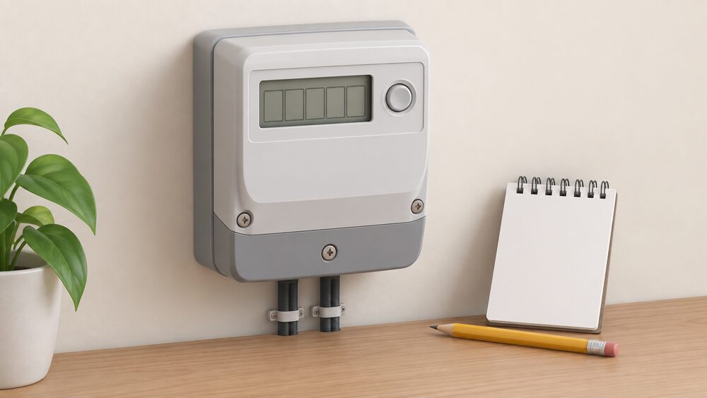 A close-up of a single digital electricity meter mounted on a plain indoor wall, its blank digital display showing five figure positions, with a pencil and a small blank notepad resting beside it ready for a manual reading to be written down.