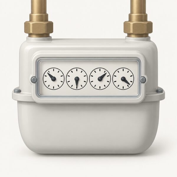 A close-up of a gas dial meter with four dials in a row, each dial numbered 0 to 9 around its face and each pointer resting directly over a number, with no red dials shown.