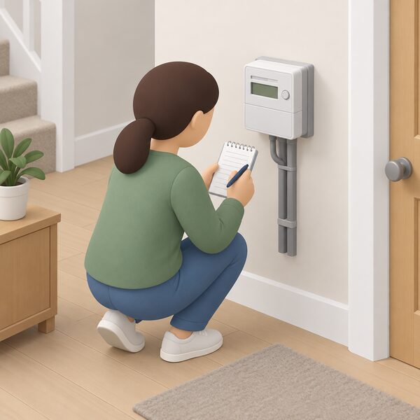 A household member crouches at an electricity meter mounted on an interior wall, reading the display and writing the figure on a notepad held in the other hand, with a pen in use and the notepad showing only blank ruled lines.