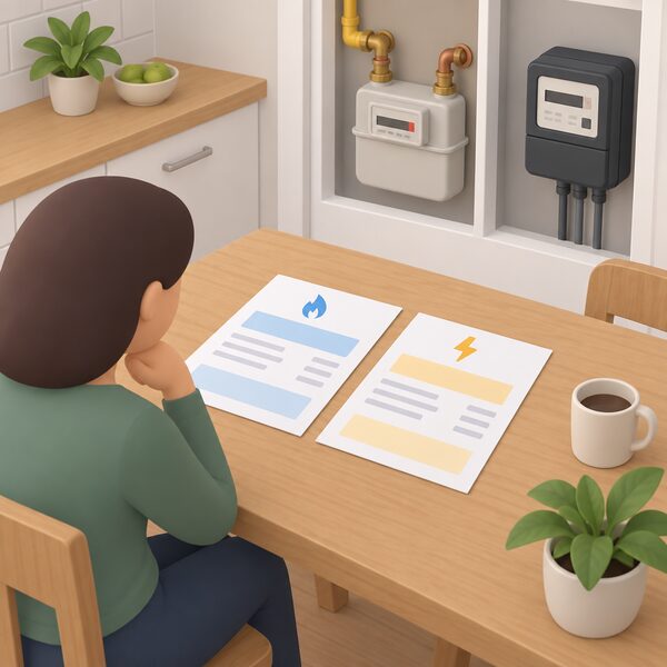 A kitchen table scene showing a dual fuel household's two paper energy bills, one for gas and one for electricity, lying side by side with a gas meter and electricity meter visible in the background of the home.