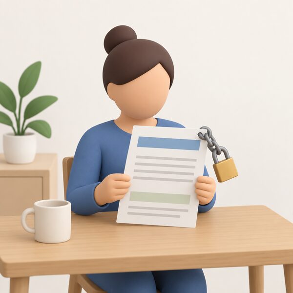 A simplified figure stands at a kitchen table holding a printed fixed rate tariff agreement, a paper sheet with plain colour bands and blank lines, while a small padlock and chain attached to the sheet's corner symbolise being tied in until the term ends.