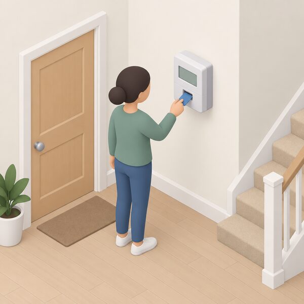 A simplified isometric figure stands at a wall-mounted prepayment electricity meter in a home hallway, inserting a top-up key or card into the meter slot to pay for energy, with the meter display shown as a plain blank panel.