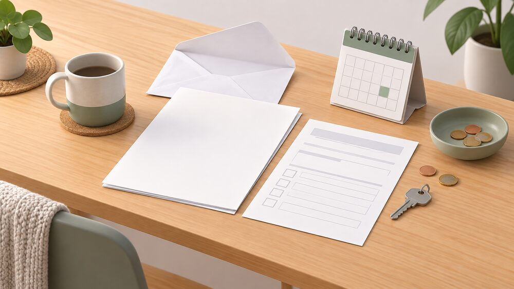 A kitchen table with a blank energy bill and a blank switching form beside an open envelope, a small calendar, a few loose coins and a house key, suggesting a household freely choosing to switch energy deal at no cost.