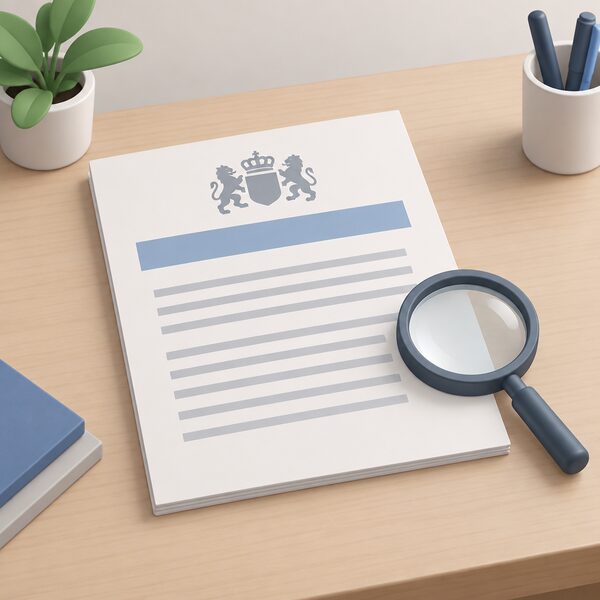 A single official-looking paper document lying on a plain desk, shown as a physical object with a crest-like plain emblem, a title band and blank ruled lines, with a simple magnifying glass resting beside it to suggest official scrutiny of the rules.