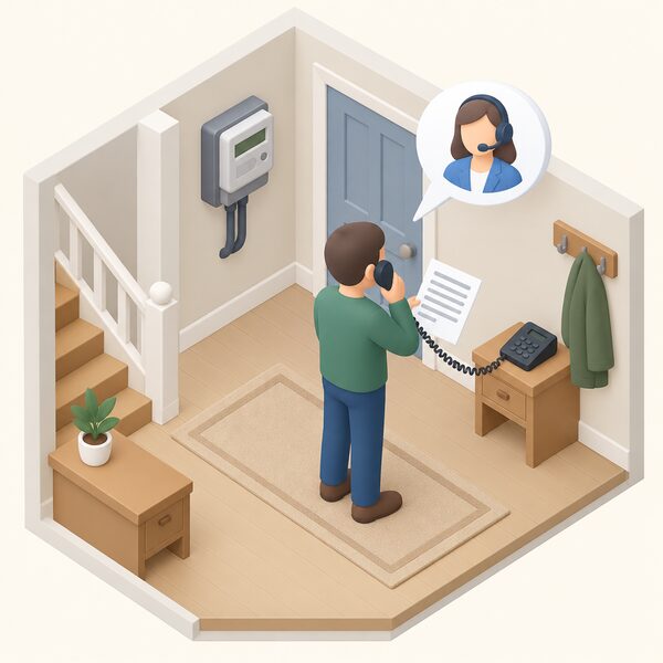 A small isometric householder standing in their hallway holding an energy bill, speaking on a telephone handset with a speech bubble rising toward a simple stylised supplier contact point, an electricity meter visible on a nearby wall.