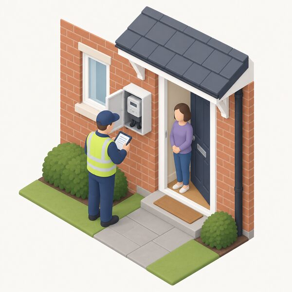 A meter reader at the front of a house, standing at the external electricity meter box and writing the reading on a handheld device or notepad, with the householder visible at the open front door.