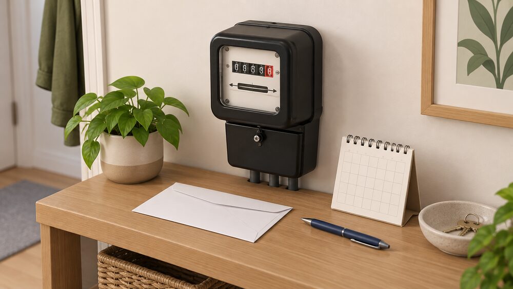 A traditional domestic electricity meter sits on a hallway shelf beside a blank bill envelope, a small calendar and a pen, showing the moment a householder prepares to submit their own meter reading to their supplier.