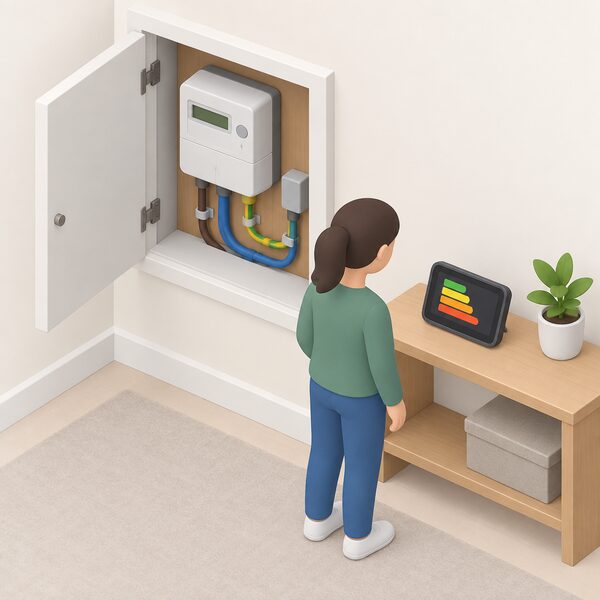An indoor smart electricity meter mounted on the wall of a meter cupboard with its cable and supply connections visible, and nearby on a shelf or table an in-home display screen showing energy use as simple plain colour bands, with a small simplified figure glancing at the display.