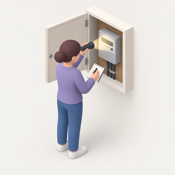 A simplified isometric figure stands at an open meter cupboard holding a torch in one hand and shining it on an electricity meter while writing the reading down, showing the manual reading a household must take when a smart meter stops communicating.