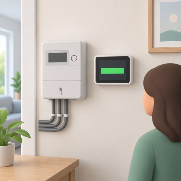 A smart prepayment electricity meter mounted on an interior wall beside its separate in-home display unit, the display screen showing a plain colour band representing remaining credit, with no key or card present anywhere in the scene.