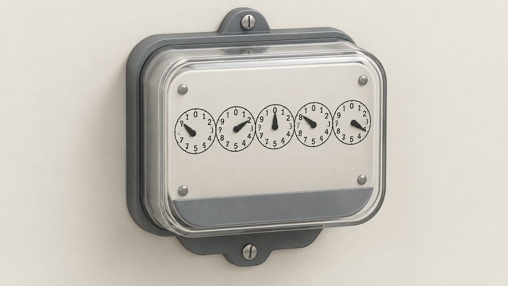A close-up of an electricity dial meter mounted on a plain indoor wall, its five dials side by side with adjacent pointers turning in opposite directions, one pointer sitting directly over a number, with nothing else in the frame.