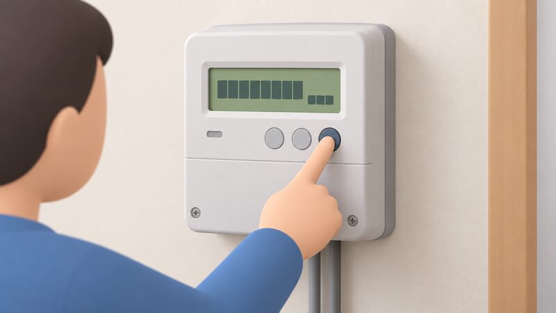 A close-up of an electricity meter display reading kWh with stacks of coins in the foreground