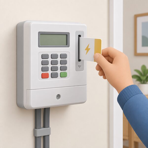 A domestic prepayment electricity meter mounted on an interior wall, shown close up with its keypad and top-up card slot, as a hand inserts a top-up card into the slot, representing the meter that stays in place and follows the debt until arrears are paid off.