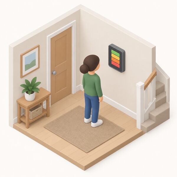 A small isometric figure stands in a home hallway looking at a smart meter display mounted on the wall, a handheld-looking unit with a plain screen showing simple colour bands, with no readable words or numbers on it.