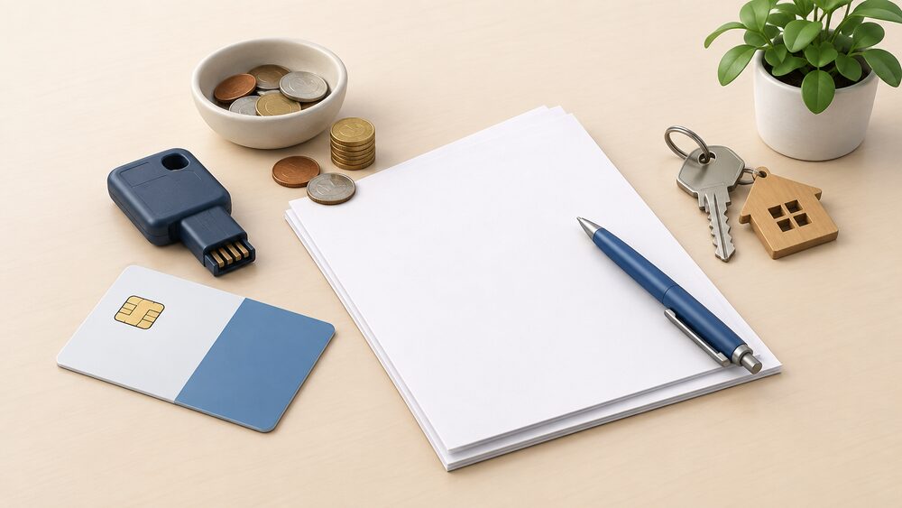 A small kitchen-table arrangement showing a traditional prepayment meter key and card lying beside blank paperwork, a few coins and a house key, as a household prepares to ask their supplier to switch from prepayment to credit payment.