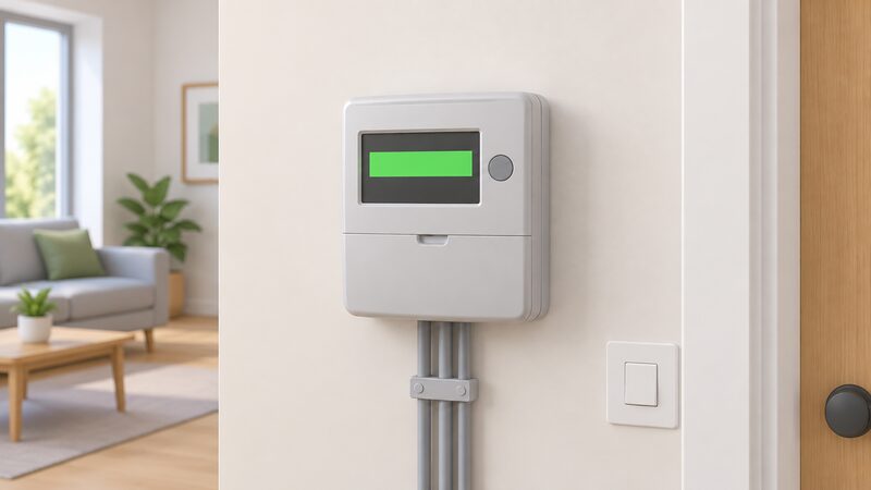 A wall-mounted smart electricity meter with its display screen showing a plain colour band indicating credit mode, drawn as a physical object on an interior wall of a home with no keys, cards or top-up devices present.