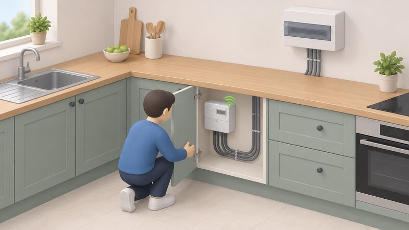 A small isometric figure of a householder opening an under-counter kitchen cupboard to reveal a smart electricity meter mounted inside, with its cables running to the consumer unit and a small aerial-style signal indicator on the meter showing remote connection.