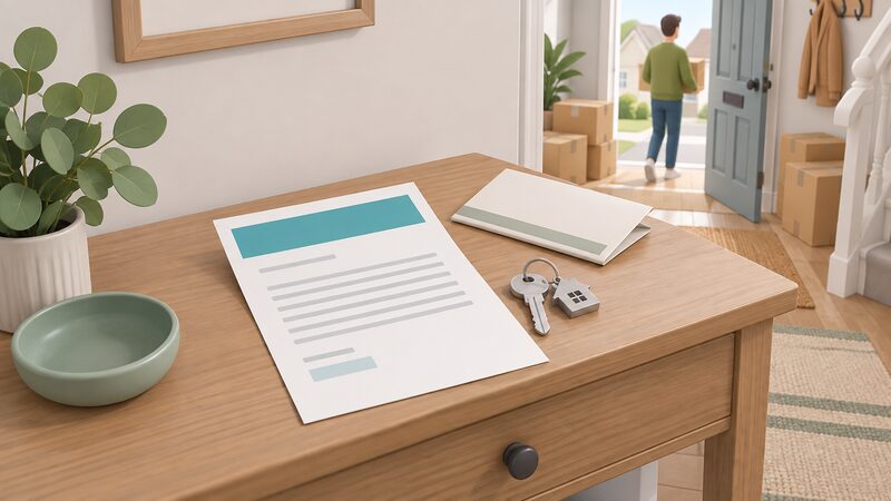 A letter from an energy supplier lying on a table in a household hallway, its heading shown as a plain colour band and its body as blank lines, beside a house key and a folded document, confirming that a new supply contract has been agreed.