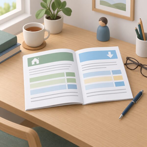A printed consultation document lying open on a wooden desk, its pages showing plain colour bands and blank lines instead of readable text, with a pen resting beside it and a pair of reading glasses nearby in a quiet study setting.