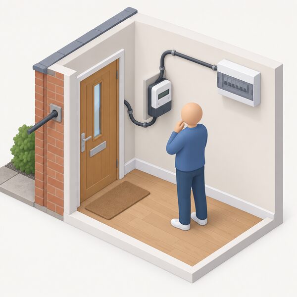 A small isometric cutaway of a home corner showing an electricity meter mounted on an interior wall near the front door, with the incoming supply cable entering from outside and a cable running onward to the consumer unit, a simplified figure standing beside it inspecting the meter.