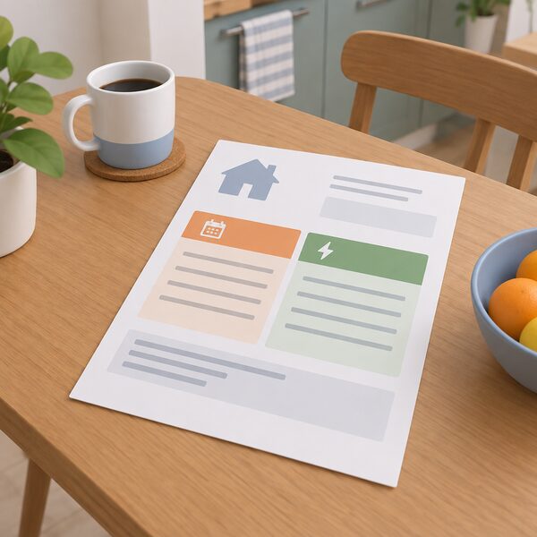 A printed household energy bill lying on a kitchen table, shown as a physical sheet with plain colour bands and blank lines representing the daily standing charge section alongside the unit rate section, with no readable figures.