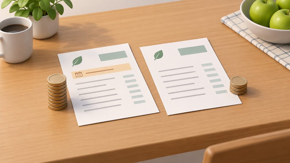 Two blank energy bills lie side by side on a kitchen table, one with a single separate daily line above its usage lines and a small stack of coins beside it, the other with no daily line but a taller stack of coins beside its usage lines.