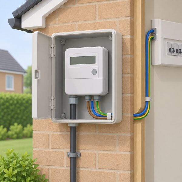 A domestic electricity meter mounted on an outside wall of a house in its meter box, shown in a simple cutaway so the meter's connections to the incoming supply cable and the consumer unit wiring are visible, with no display content readable.