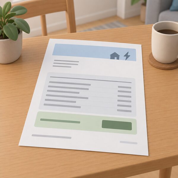 A single printed sheet lying on a household table, drawn as page one of an energy bill, with a plain header band, a block of charge lines for the billing period, a highlighted current balance section, and an address block of blank lines, with no readable words or numbers.