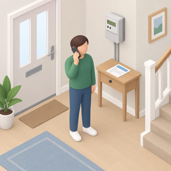 A simplified isometric householder standing in a home hallway holding a mobile phone to their ear, with a wall-mounted electricity meter and a small table holding a paper energy bill nearby, shown mid-call to their energy supplier.
