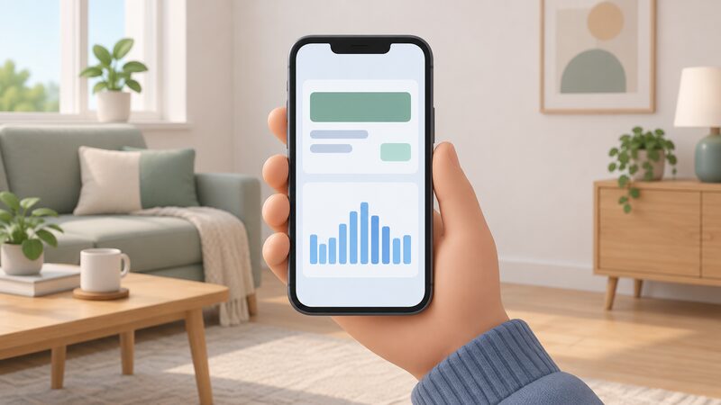 A hand holding a smartphone displaying the supplier's app, with a monthly bill summary panel above and a half-hourly usage chart of plain bars below, drawn as a physical screen in a home setting.