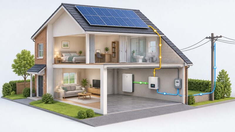 A cutaway view of a house with solar panels on the roof, a cable running down the wall into the garage where an inverter and a wall-mounted battery unit sit on the internal wall, with a cable continuing from the inverter towards the electricity meter and grid connection.