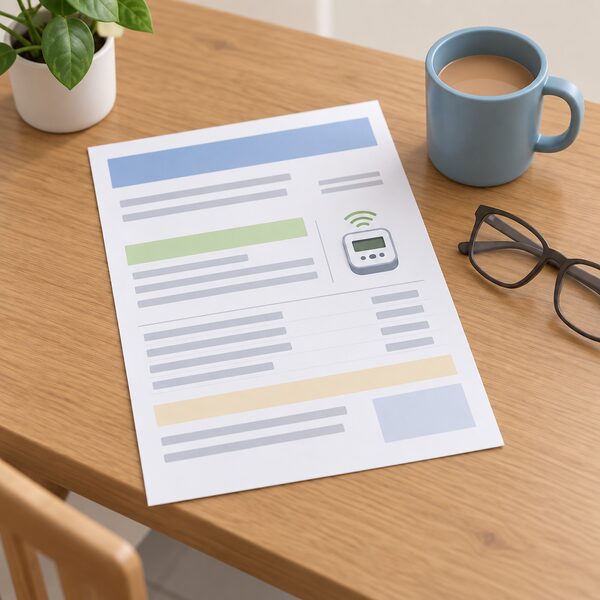 A paper household energy bill lying flat on a wooden kitchen table, its layout shown as plain colour bands and blank lines with a small smart meter icon beside the reading lines, next to a mug and a pair of reading glasses.