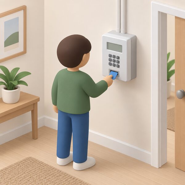 A wall-mounted prepayment electricity meter inside a home, shown as a plain meter box with a keypad and display slot, with a simplified figure standing before it about to insert a key or card, its emergency credit indicated only as a blank display panel.