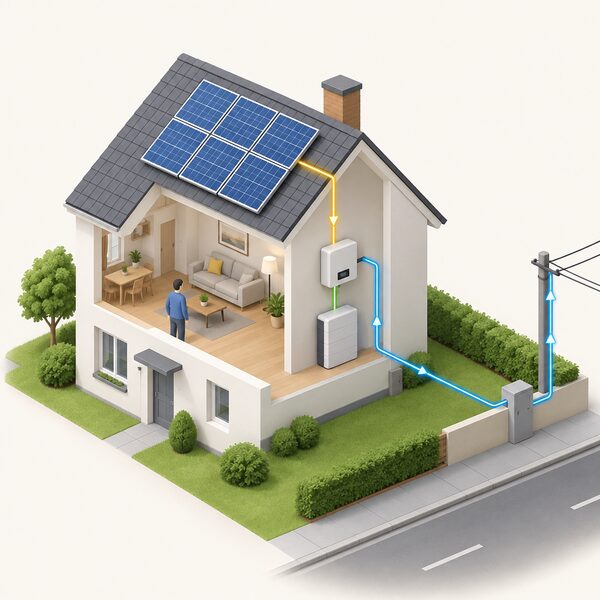 A small isometric house with solar panels on its roof, a cable running down through the wall to an indoor inverter and battery, and a cable continuing outside to the street electricity network to show surplus being exported.